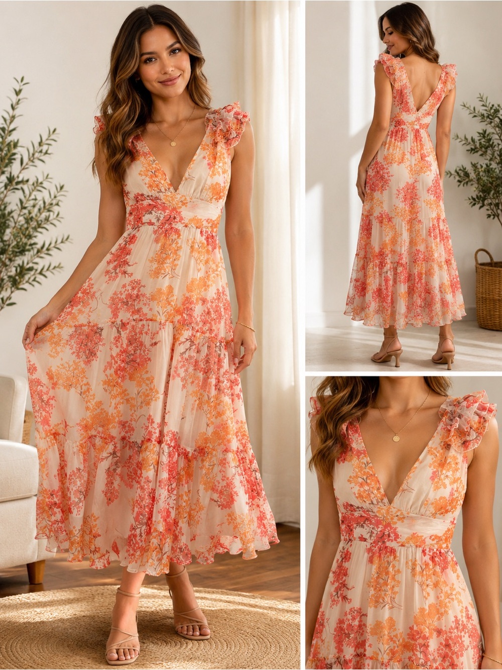 Floral V-Neck Ruffle Midi Dress - Cream & Coral